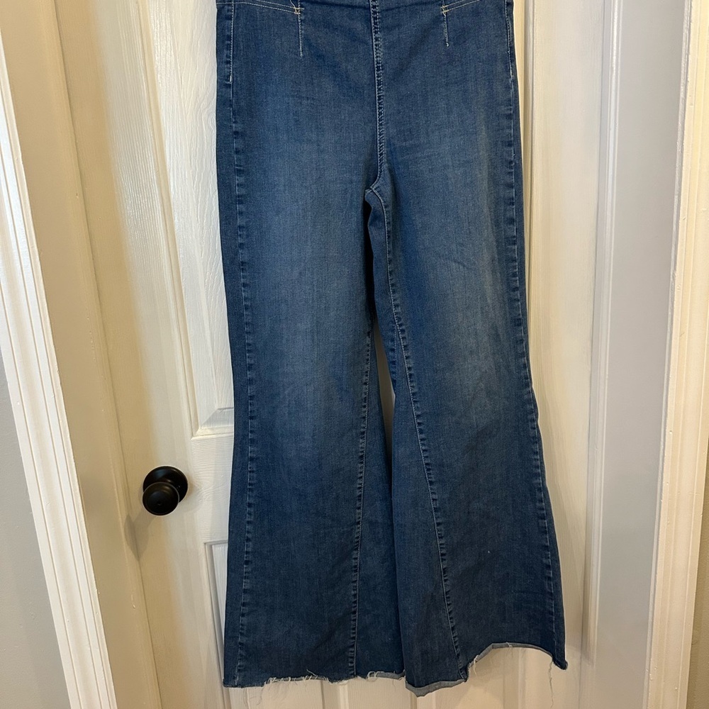 We The Free Blue Flare Wide Leg Jeans with Frayed Hem